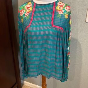 Teal and pink Long sleeve blouse, size M.